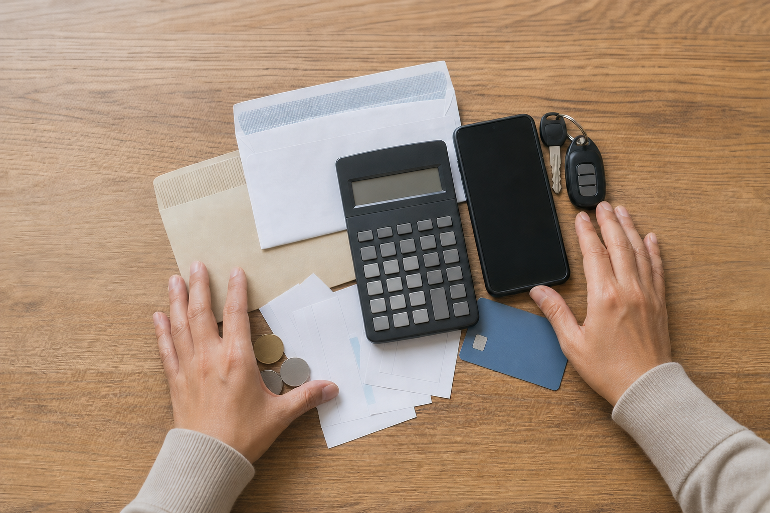 Hands gathering a calculator, blank envelopes, a phone, bank card, car keys, coins, and payment slips on a wooden table.