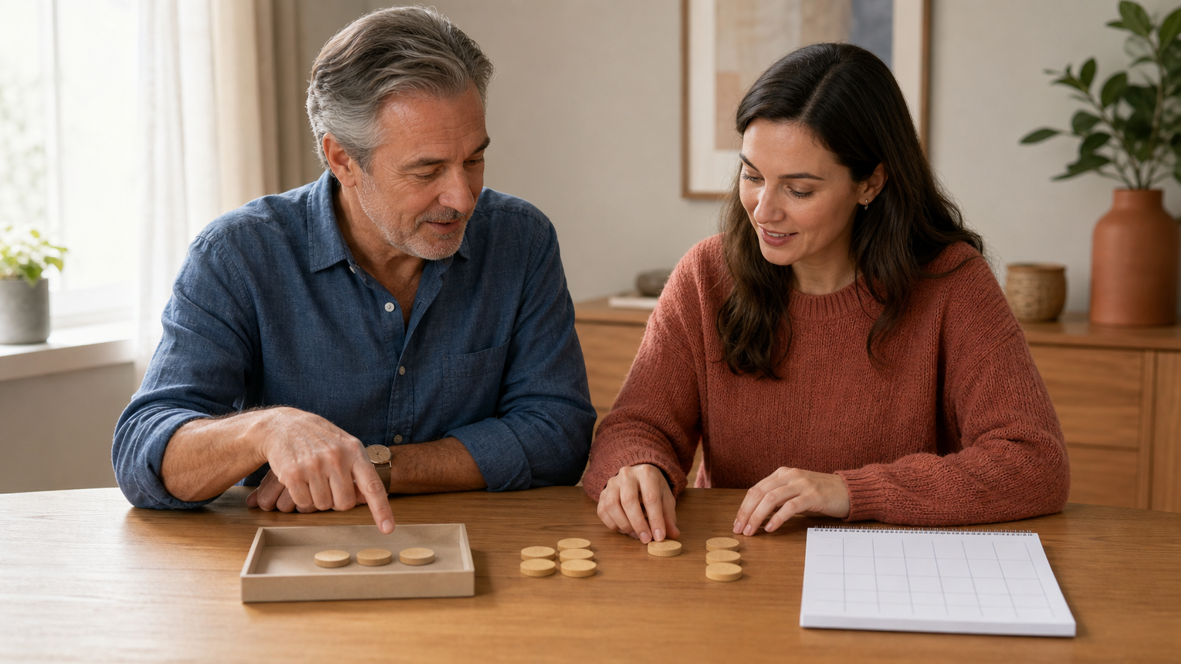 A parent and adult child sorting wooden tokens into a bounded tray beside a blank calendar at a dining table.