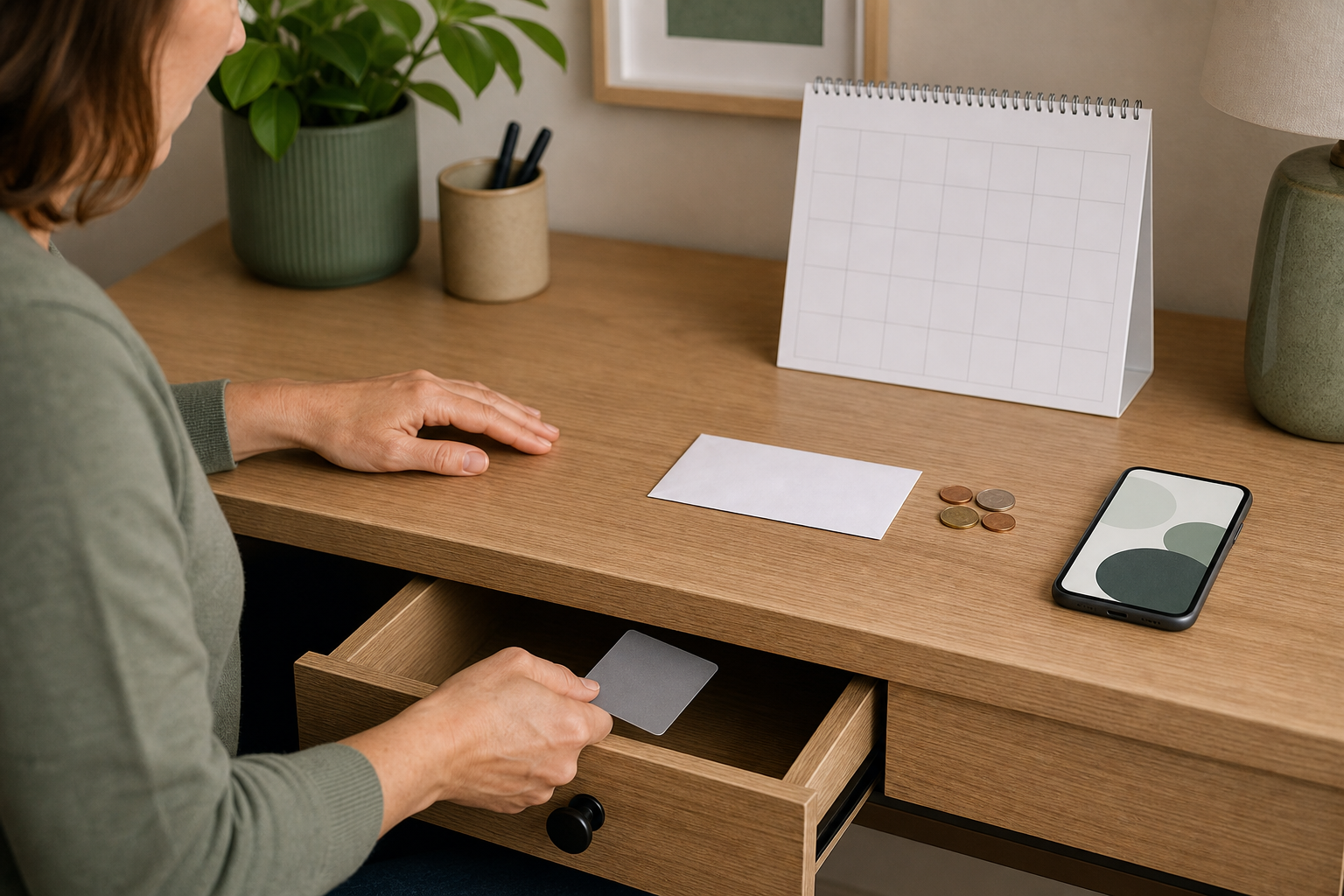A parent puts a bank card in a drawer while leaving one plain envelope and a fixed group of coins beside a blank calendar.