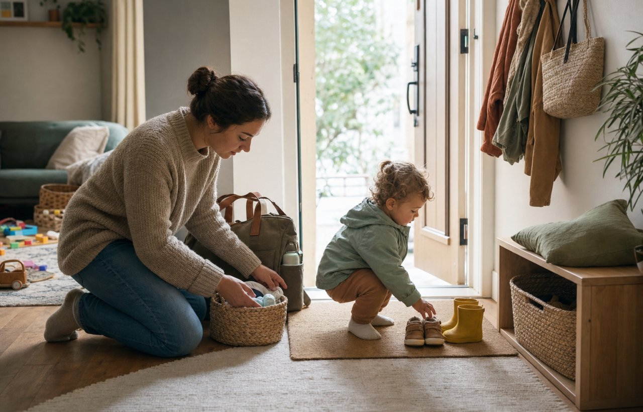 A caregiver and toddler calmly prepare to leave beside a low bench, supply basket, diaper bag, and two pairs of shoes in a softly lit entryway.