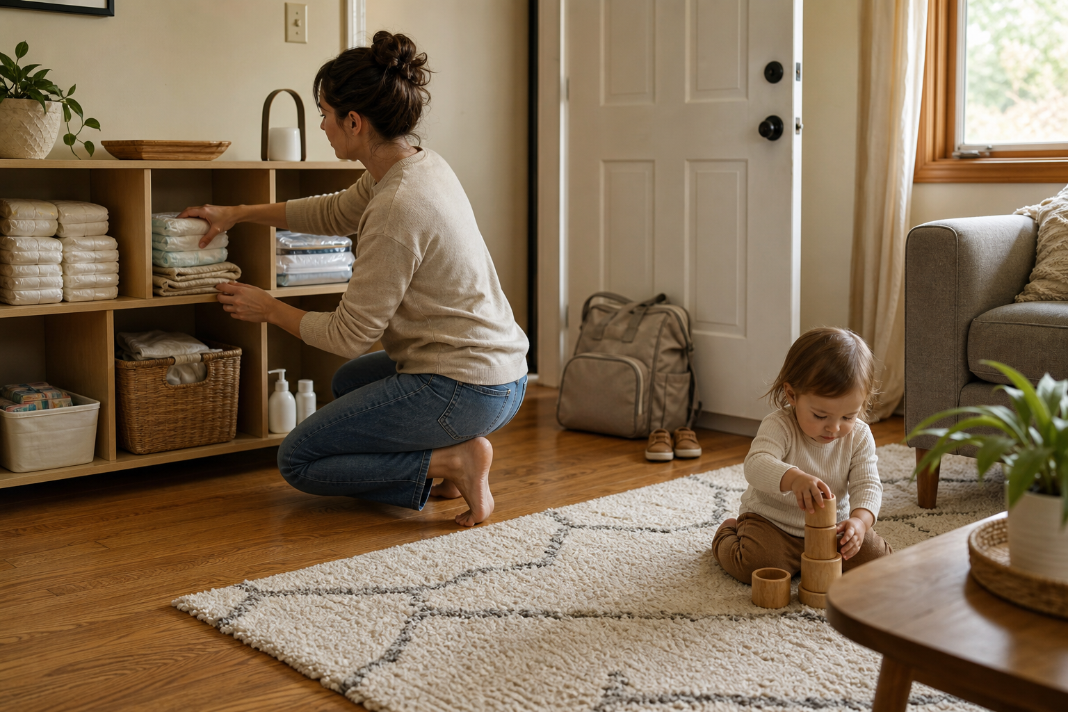 An adult restocks childcare supplies in open compartments while a toddler stacks wooden cups on a nearby rug.