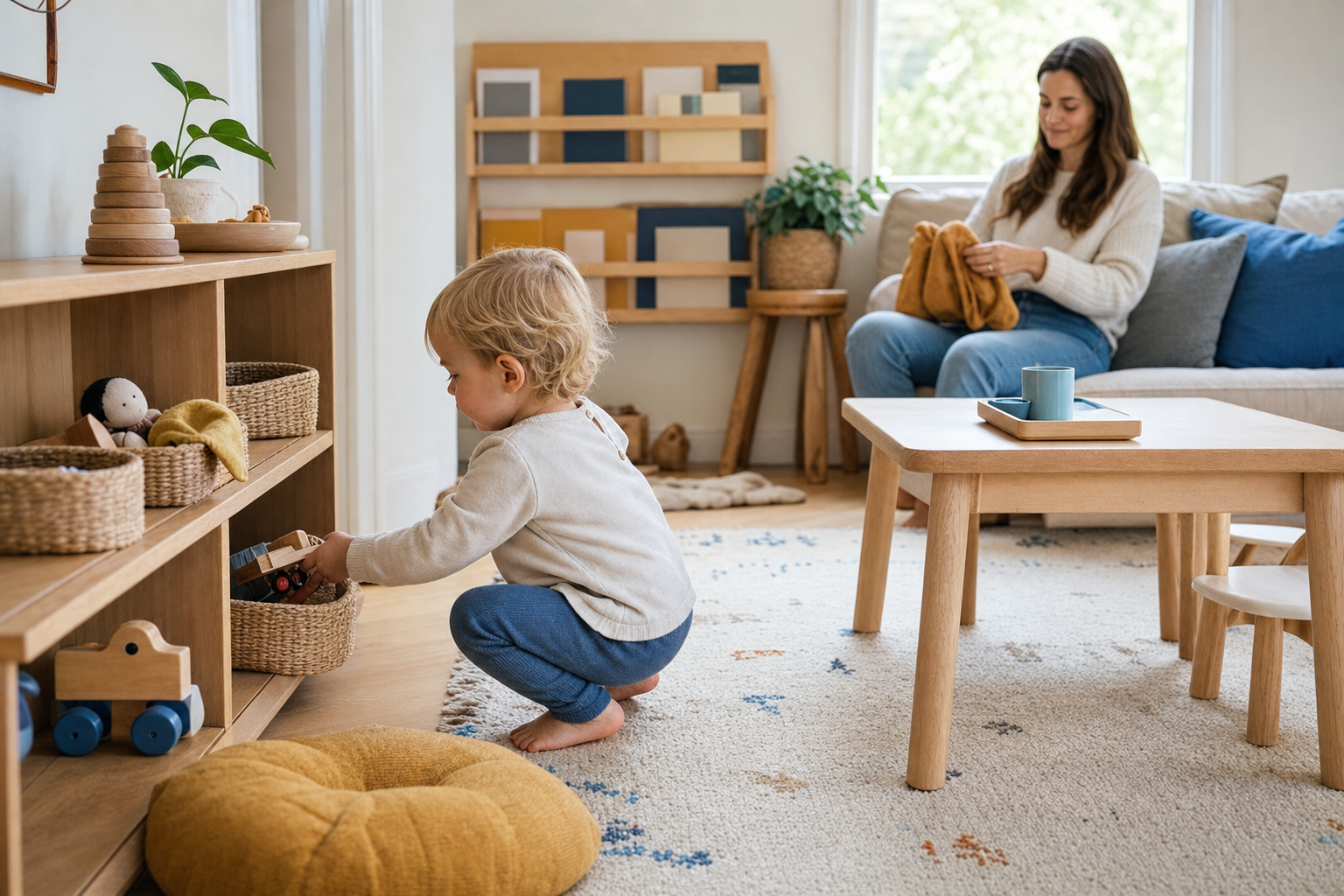 A toddler places a toy in a low open basket in a living room with accessible shelves, books, cushions, and clear walking space.