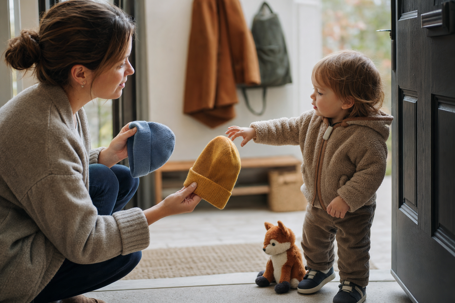 A crouching caregiver offers a toddler a choice between two hats beside shoes, a toy animal, a coat, and a ready outing bag.
