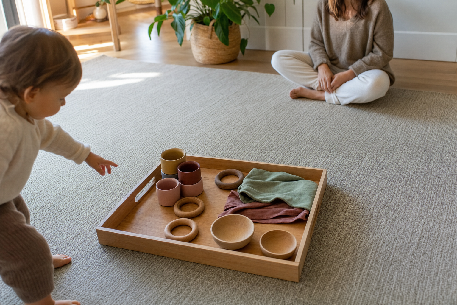 A toddler reaches toward a simple tray of stacking cups, fabric pieces, wooden rings, and bowls on a sunlit rug.