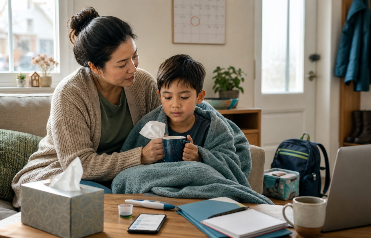 Parent caring for a sick child at home while weighing whether to keep them home from school