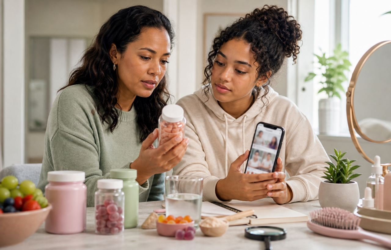 Parent and teen review beauty supplement gummies together while checking a smartphone in a bright home vanity setting.