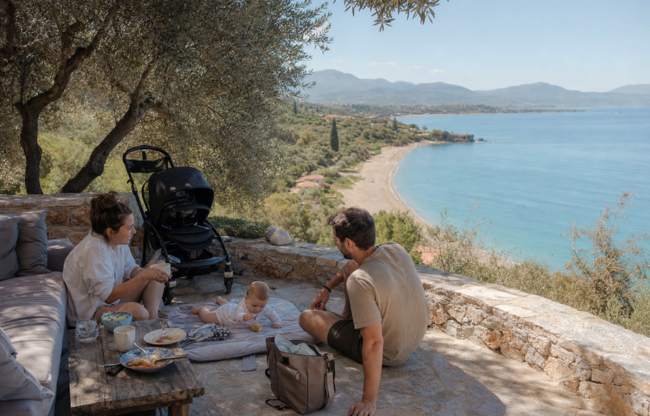 Parents relax with their baby on a shaded stone terrace overlooking a sandy bay on the Messinian coast of Greece.