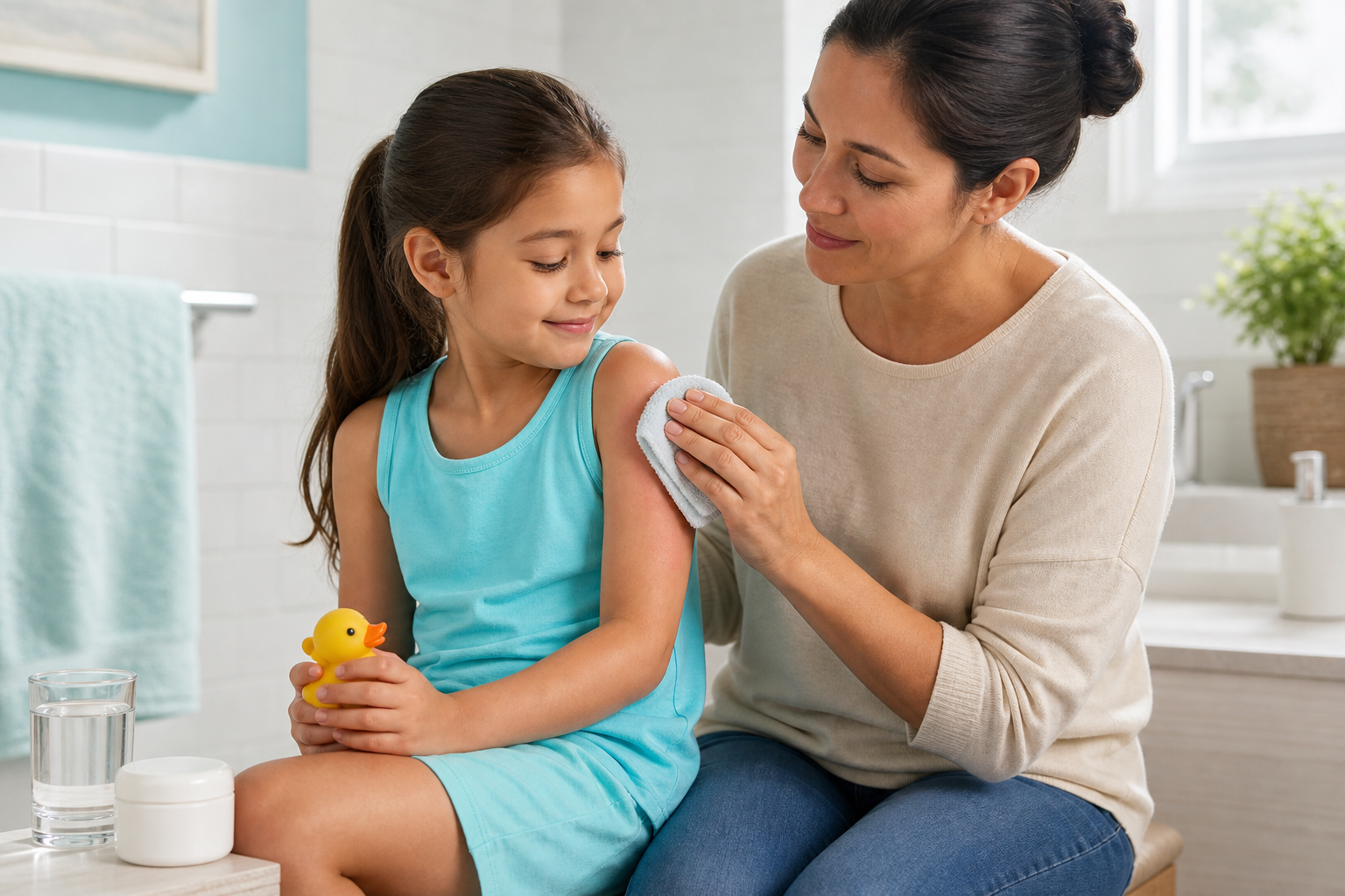 A caregiver holds a cool damp washcloth on a child's mildly sunburned shoulder while they sit together indoors.