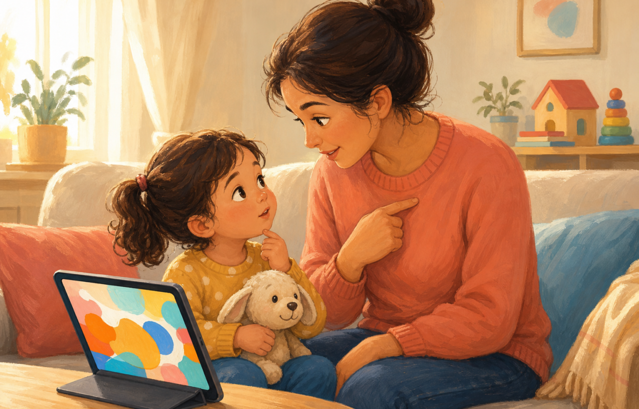 A parent and preschooler sit on a sofa and talk about feelings while a colorful cartoon is paused on a tablet.