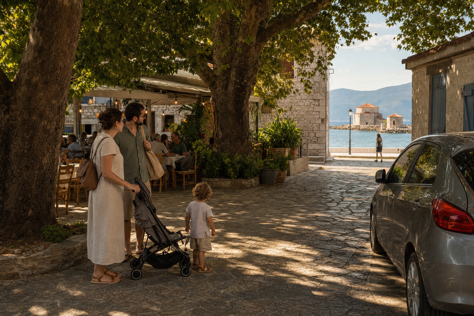 A family pauses with a stroller and day bag in a shaded village square near a taverna, waterfront, and parked car.