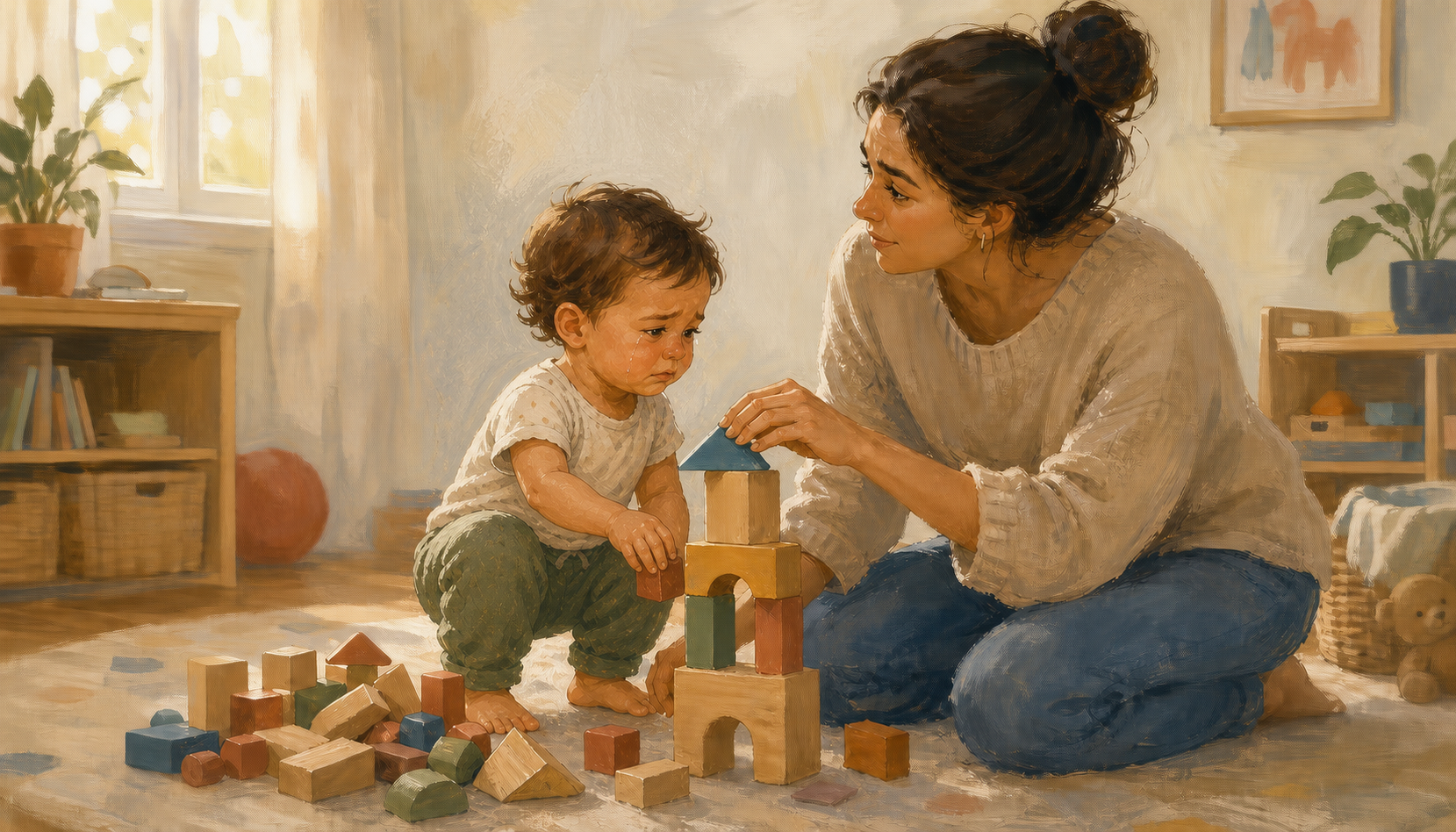 A caregiver kneels beside an upset toddler and helps rebuild a fallen block tower.