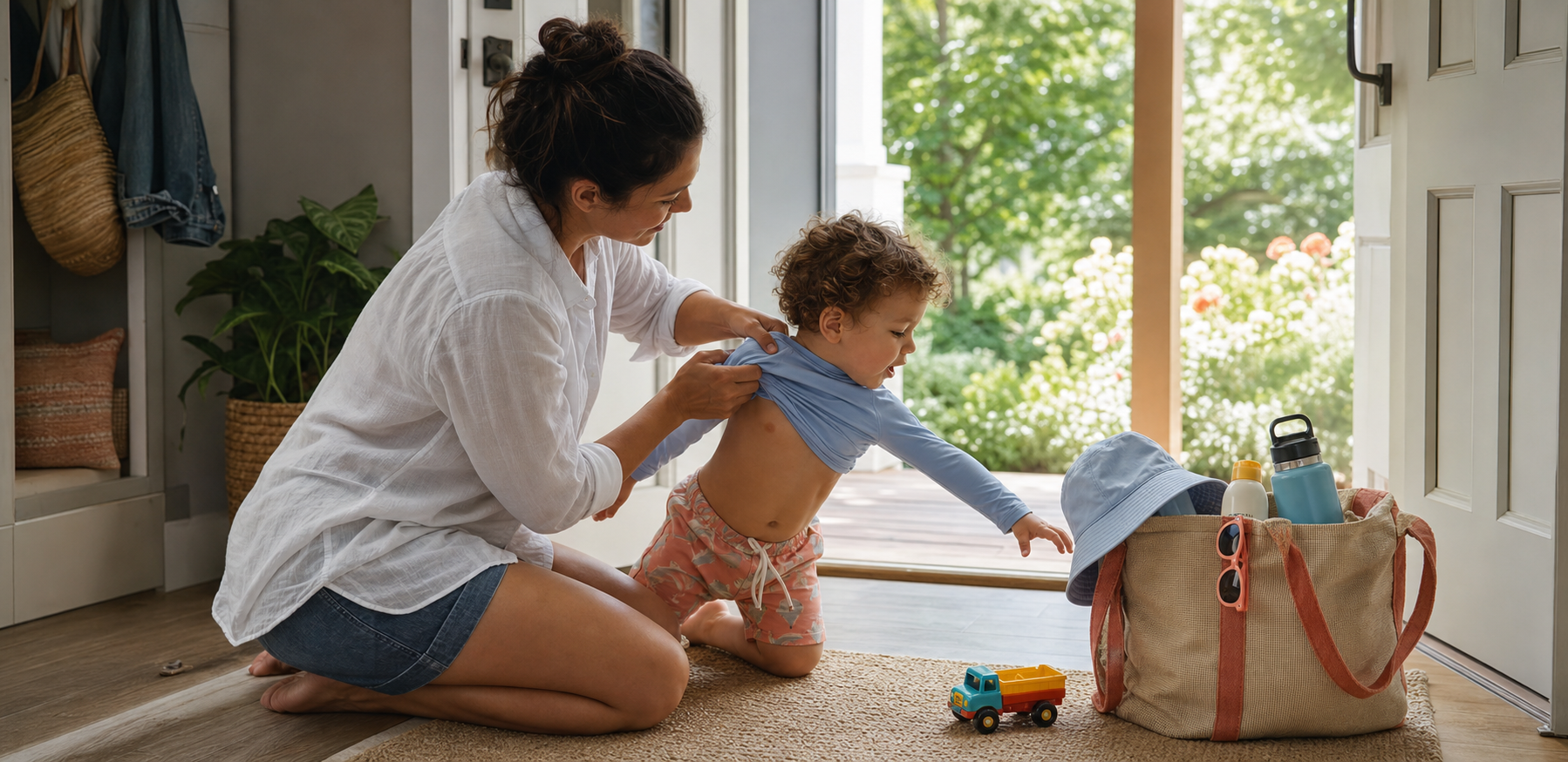 A caregiver helps an active toddler put on a long-sleeved sun shirt beside a packed hat, sunscreen, and water bottle.