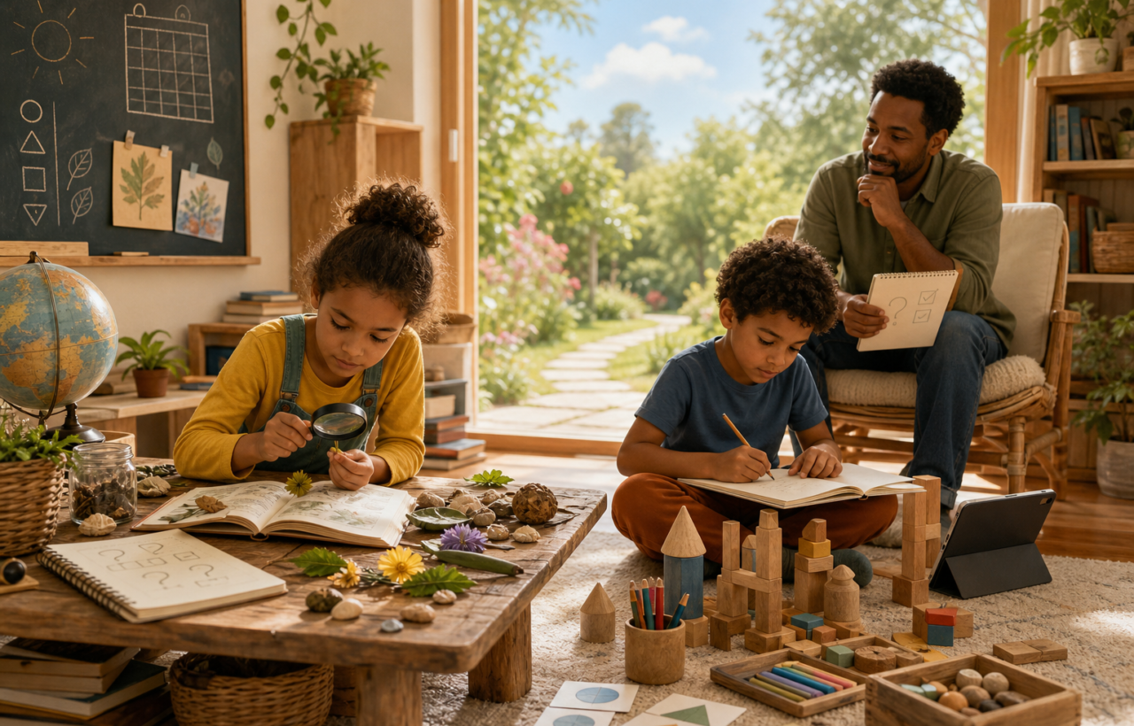 Diverse family exploring child-led learning with books, nature objects, blocks, art supplies, and a supportive parent nearby.