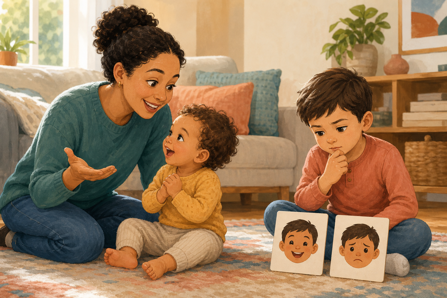 A caregiver uses a simple gesture with a toddler while an older preschooler looks at cards showing facial expressions.