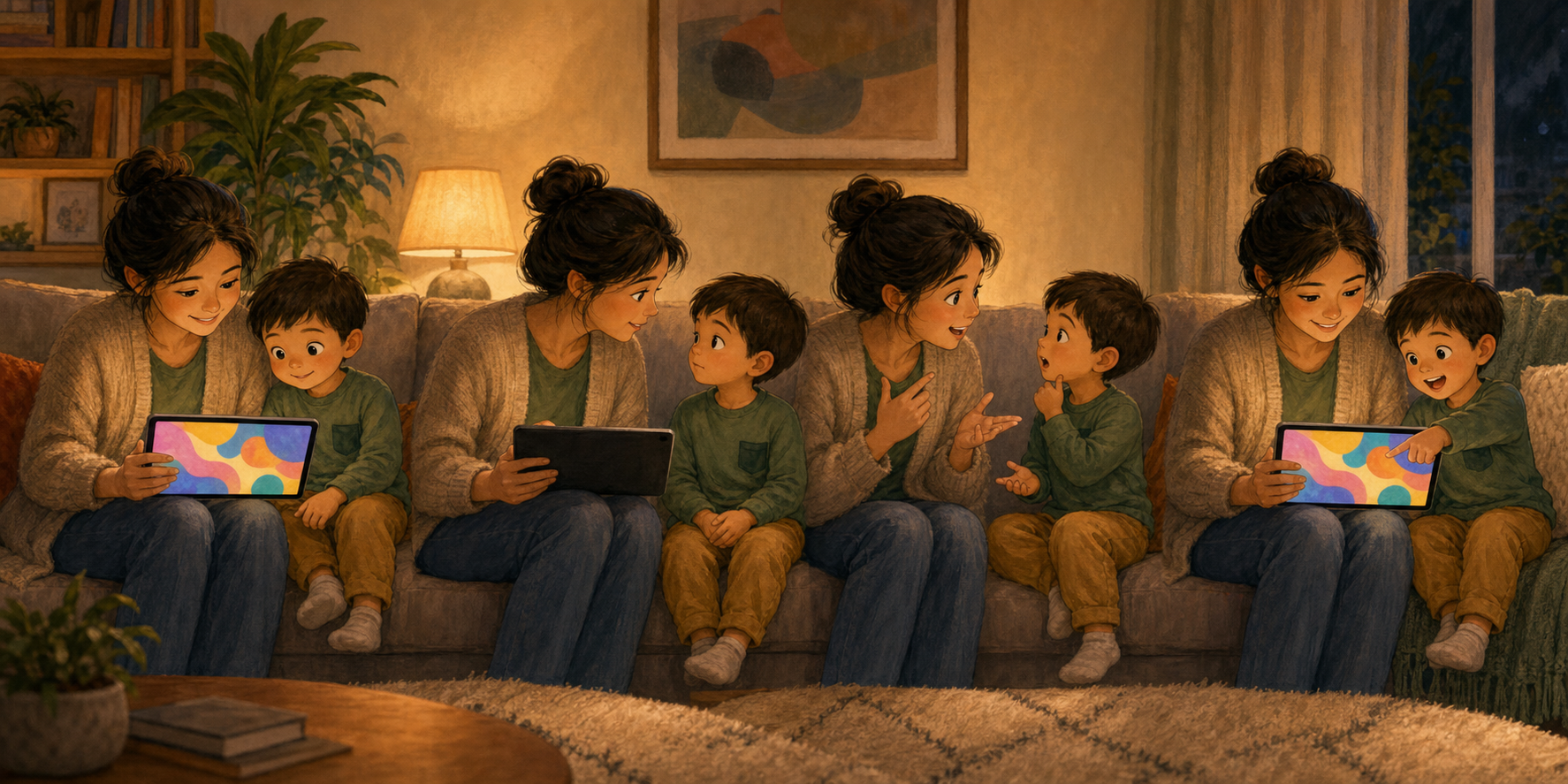 Four connected scenes show a caregiver and child watching, pausing, talking and replaying a generic cartoon together.