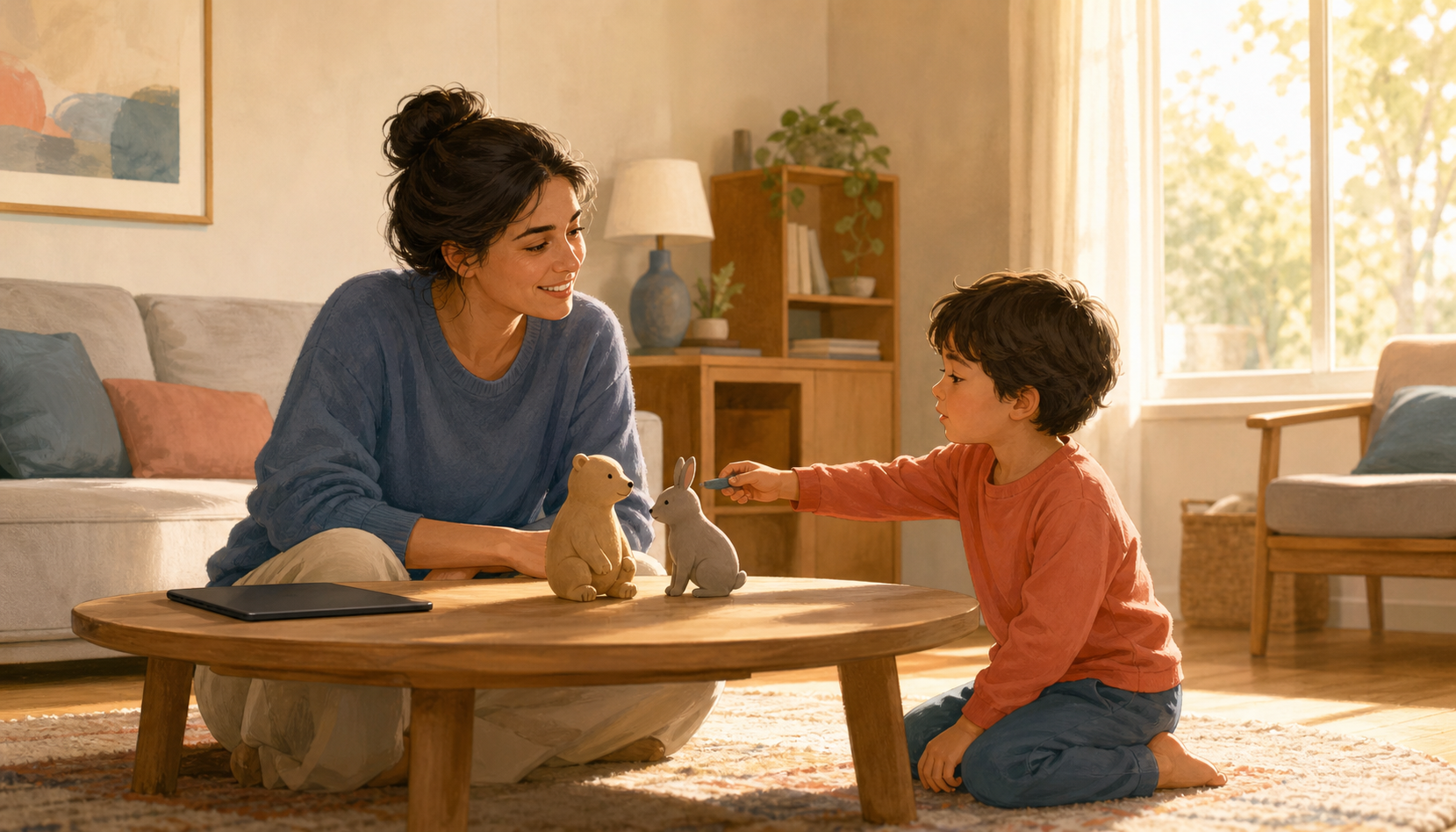 A parent follows a preschooler's lead while they use animal toys to act out sharing and making up.