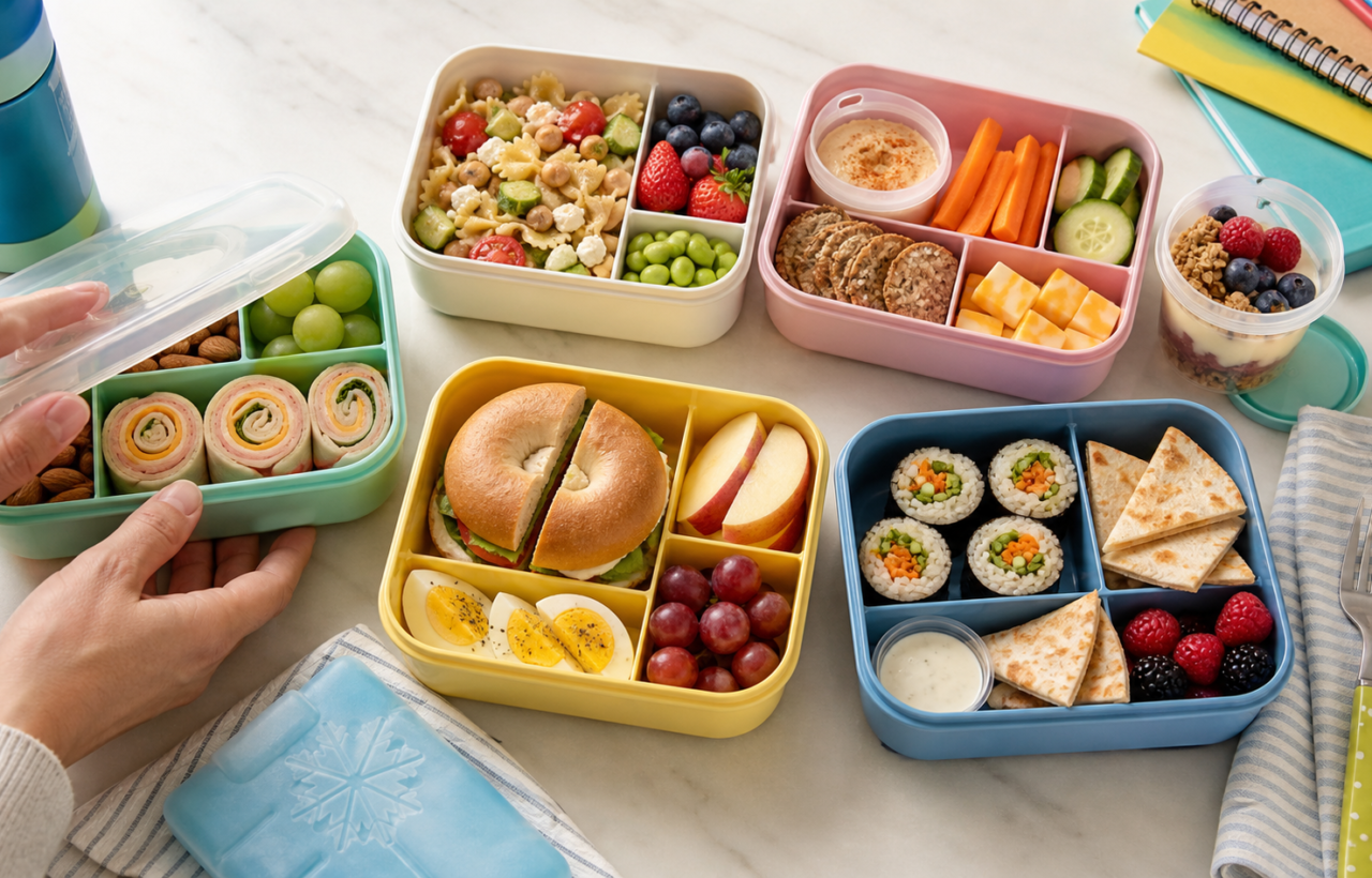 Colorful kids' bento lunch boxes with pinwheels, pasta salad, fruit, veggies, hummus, eggs, quesadillas and yogurt on a kitchen table