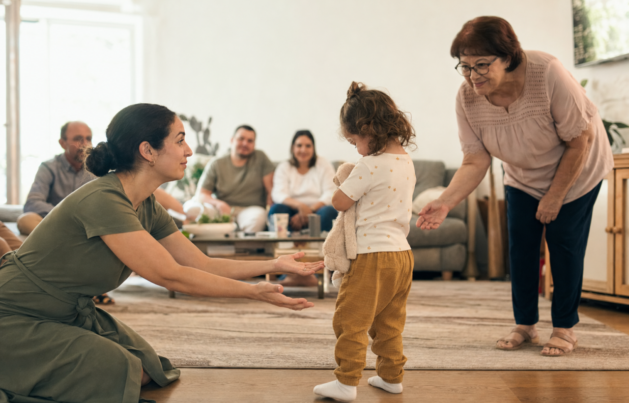 A caregiver kneels to comfort a distressed toddler while a relative pauses nearby during a family gathering.