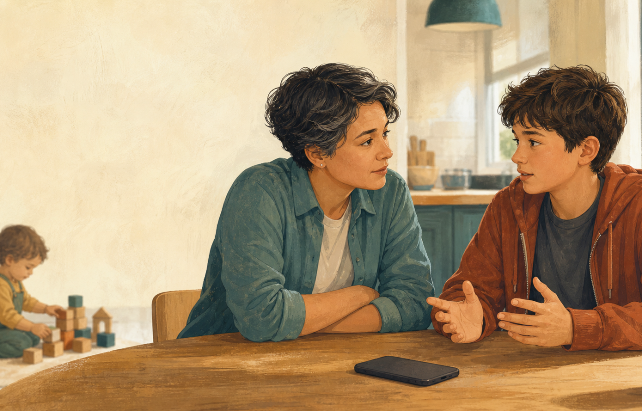 A caregiver and a tween talk beside a face-down smartphone at a kitchen table while a toddler plays with blocks nearby.