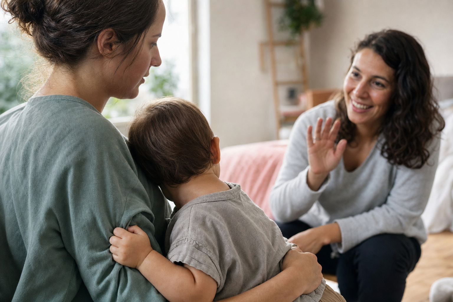 A toddler turns away and holds a caregiver's sleeve while another adult greets them from a respectful distance.