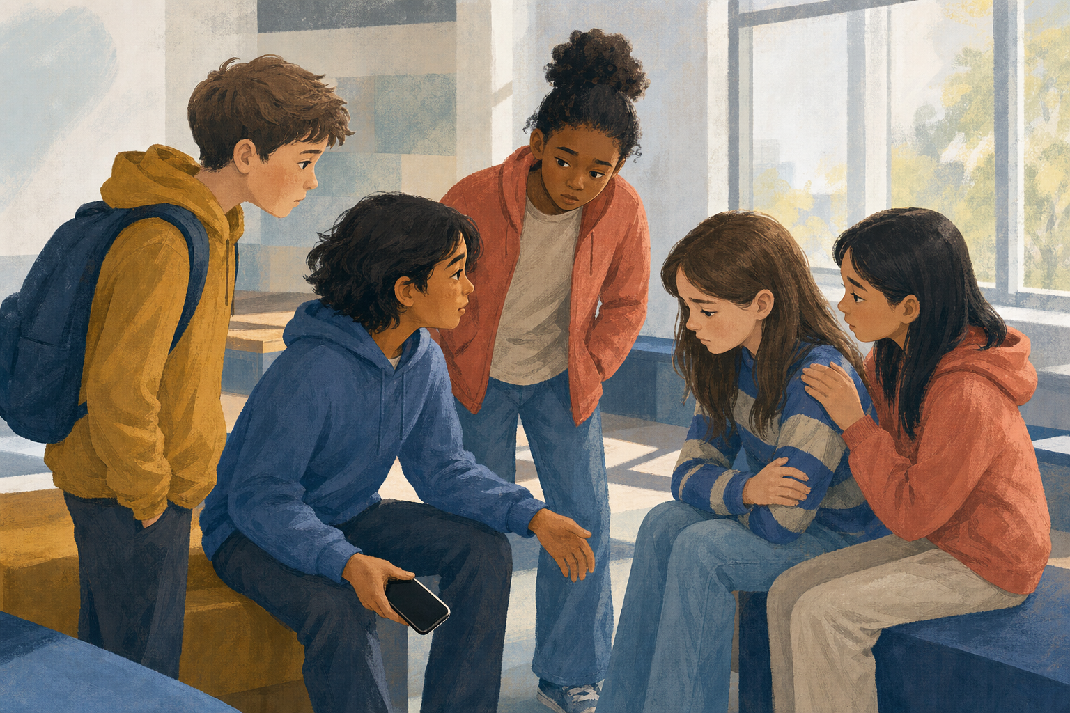 A tween lowers a smartphone while another child checks on an uncomfortable classmate as several peers look on.