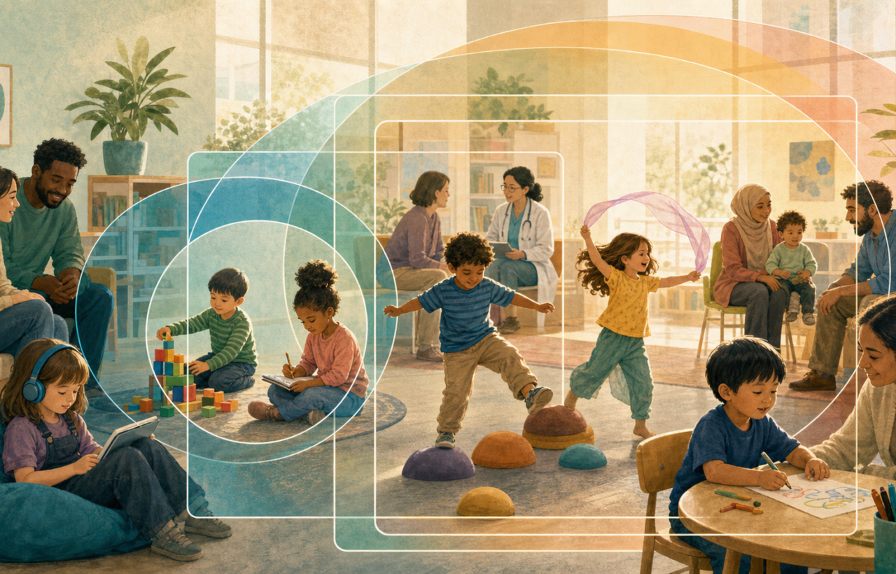 Editorial illustration of children playing in a community health setting as overlapping translucent lenses bring more of the group into focus.