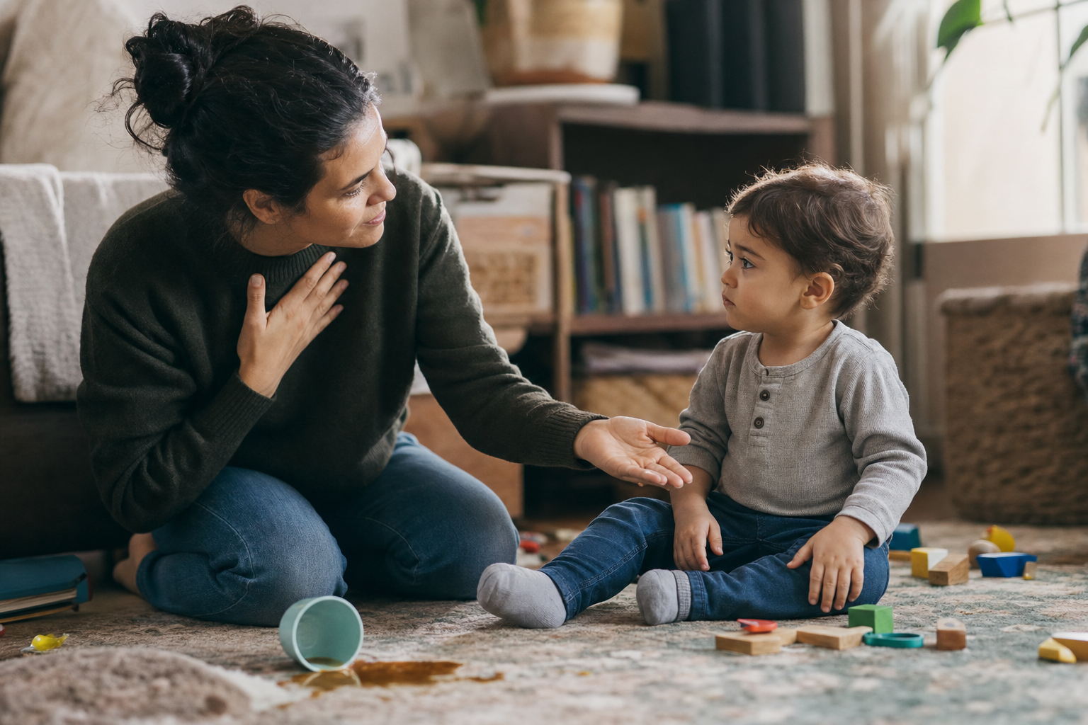 A caregiver sits calmly beside an upset toddler and offers an open hand near scattered toys.
