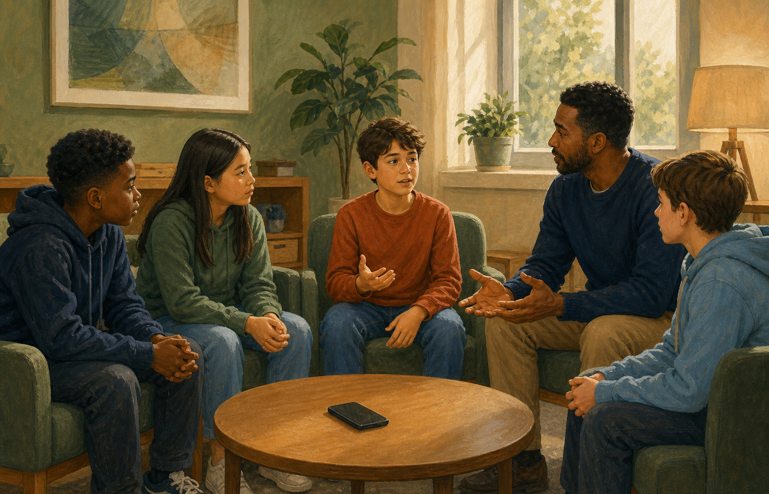 An adult facilitator leads a seated conversation with four tweens around a table holding a face-down smartphone.