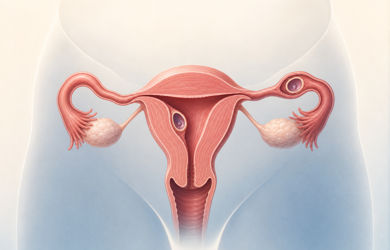Medical cutaway illustration showing one gestational sac in the uterus and a second gestational sac in a fallopian tube.