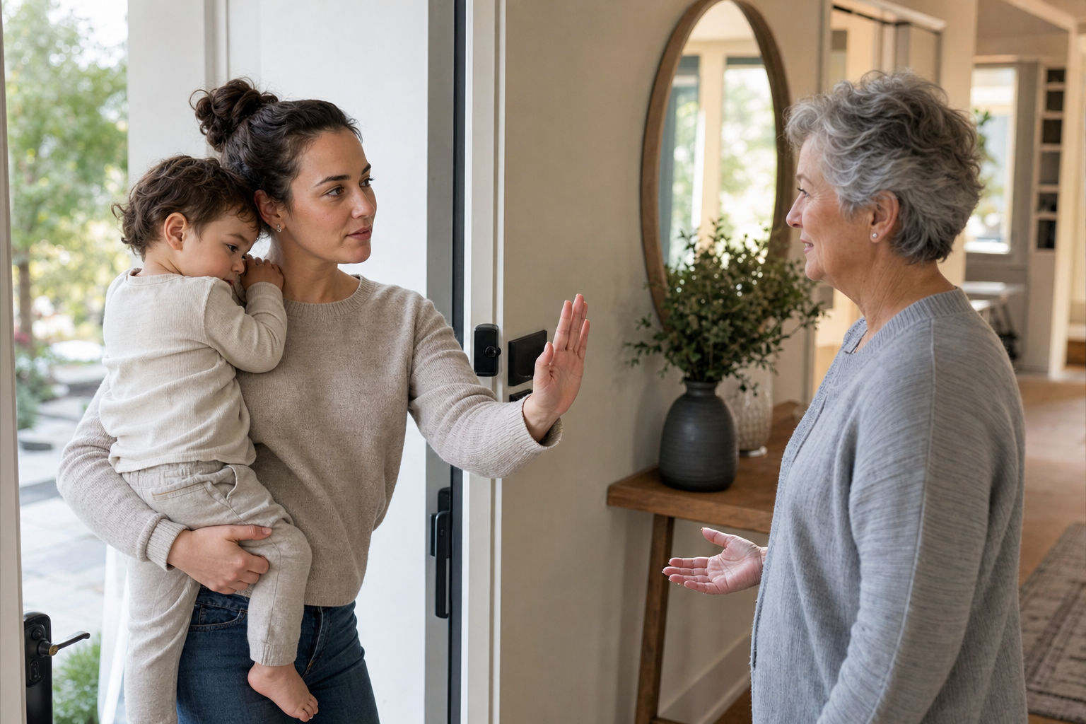 A caregiver holding a toddler calmly signals an older relative to pause and give the child space.