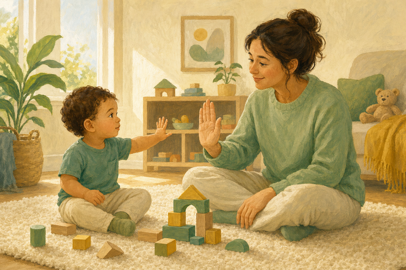 A toddler raises an open hand during block play while a caregiver pauses and mirrors the gesture.