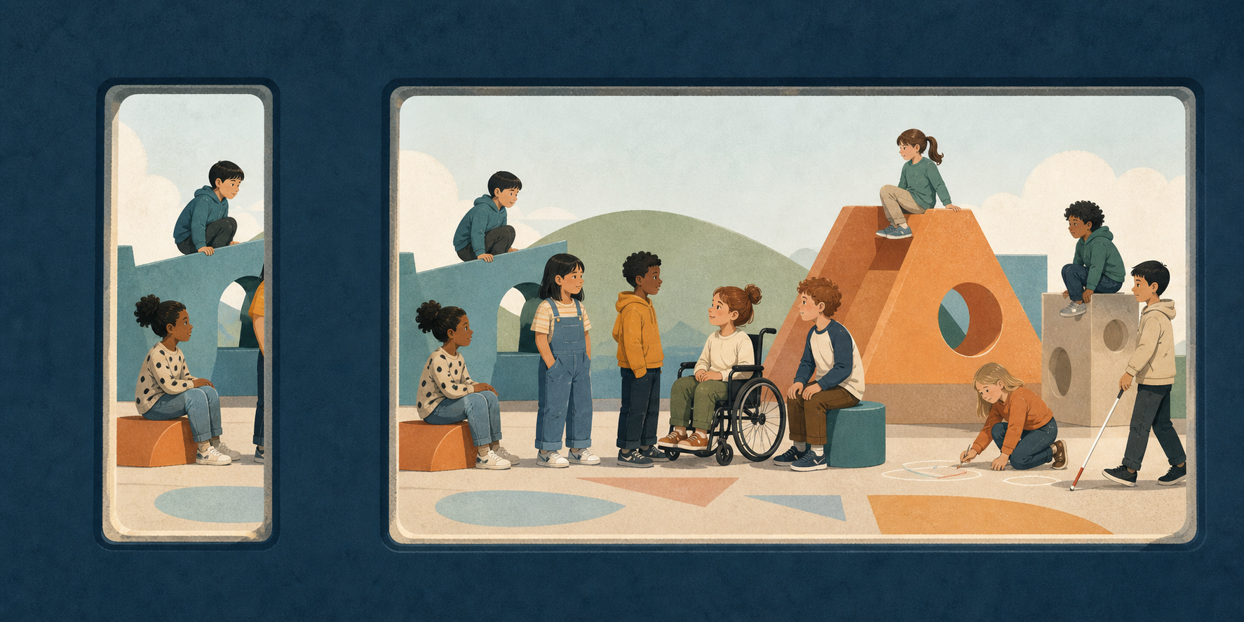 An unchanged group of children is seen through a narrow observation window and a wider window that reveals more of the group.