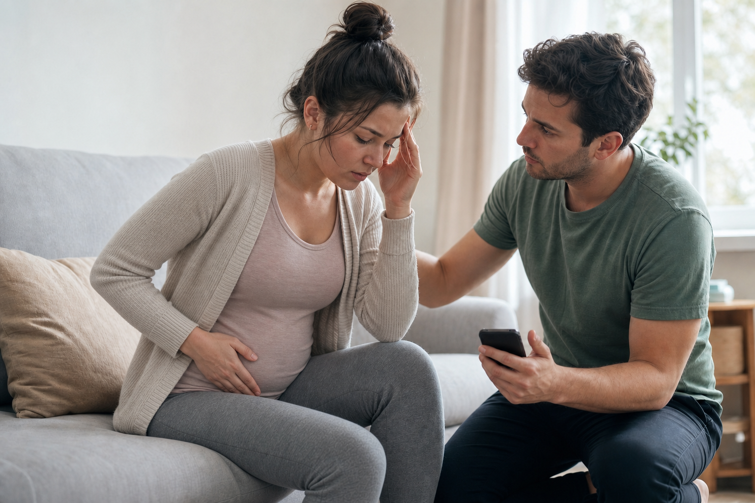 A person with one-sided lower abdominal pain and dizziness sits on a sofa while a companion prepares to call for help.