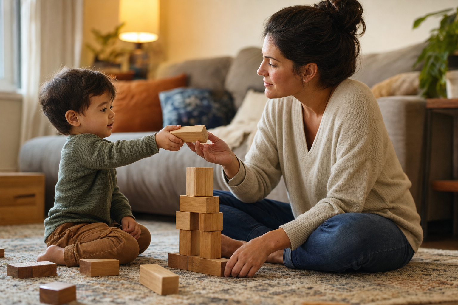A caregiver and toddler reconnect by building a wooden block tower together on the floor.