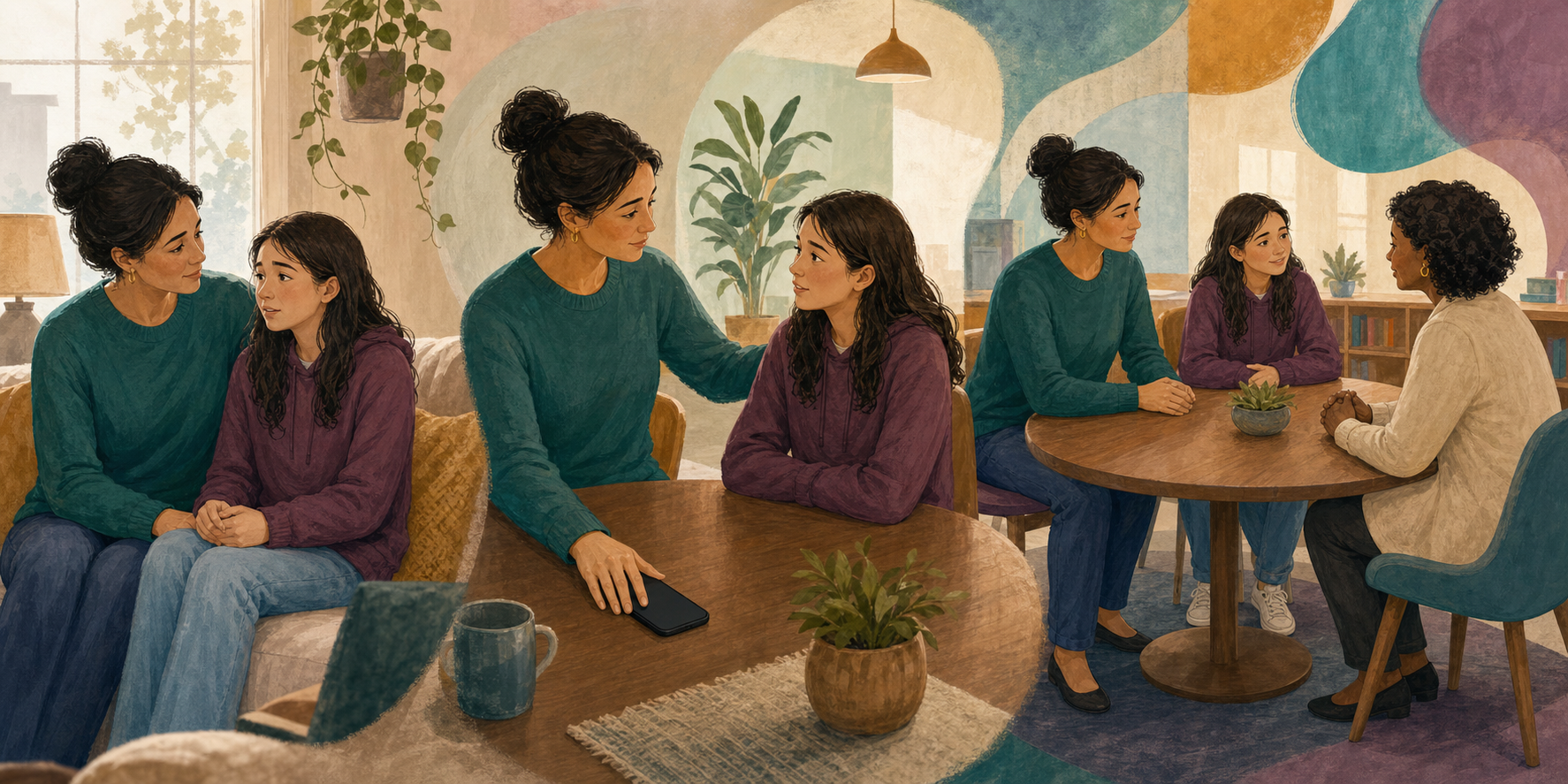 Three connected scenes show a caregiver listening to a tween, setting a phone aside and meeting with a school counselor.