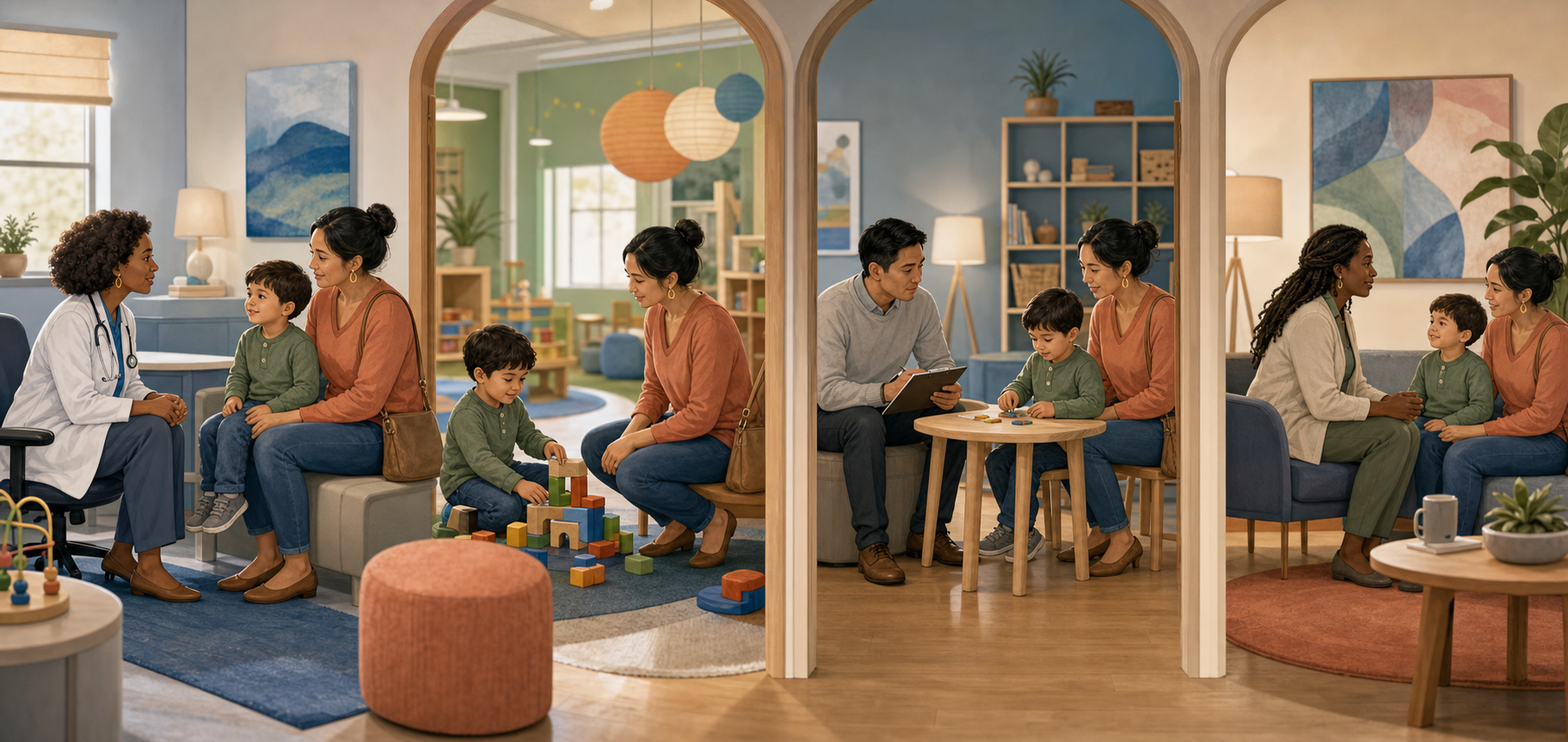 A child and caregiver move through connected pediatric, classroom, developmental assessment, and family support settings.