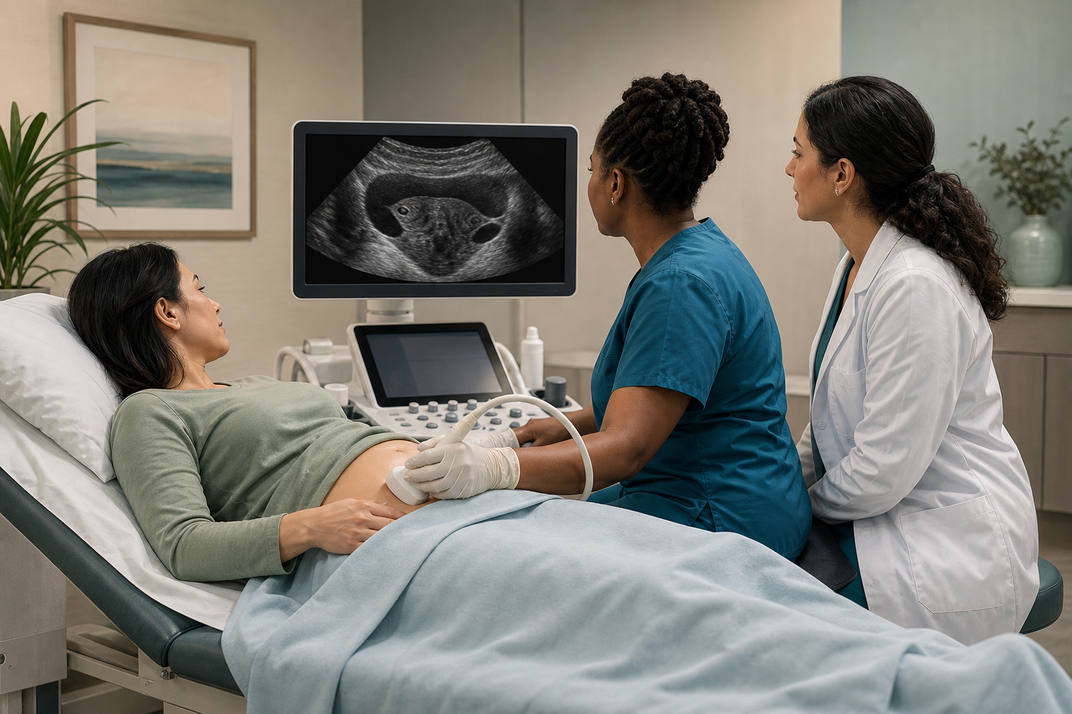 Two clinicians conduct and review a pelvic ultrasound while a patient reclines on an examination bed.