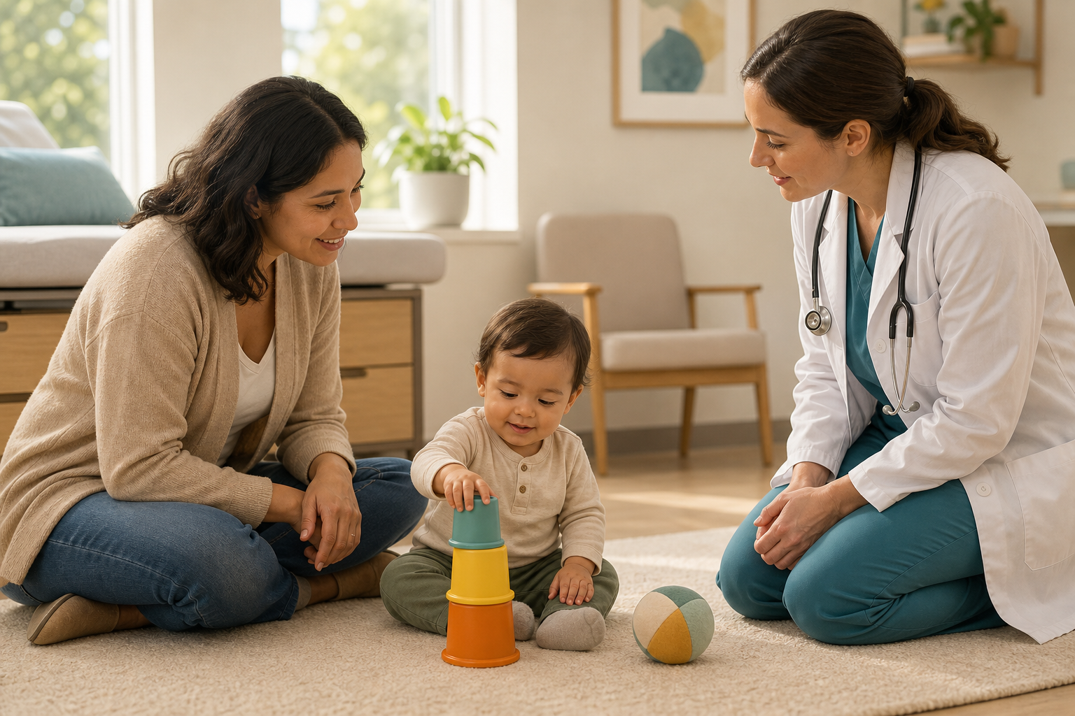 A caregiver and pediatric clinician sit near a toddler who is playing with stacking cups during a developmental visit.