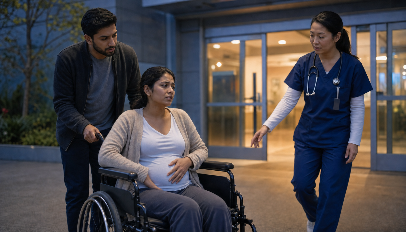 A weak patient with one-sided abdominal pain arrives by wheelchair for urgent hospital reassessment with help from a companion and healthcare worker.