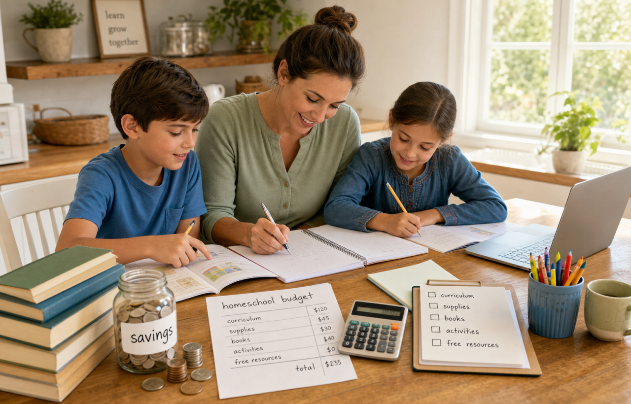 Parent and two children planning homeschool lessons with a budget sheet, savings jar, calculator, and school supplies at a kitchen table.