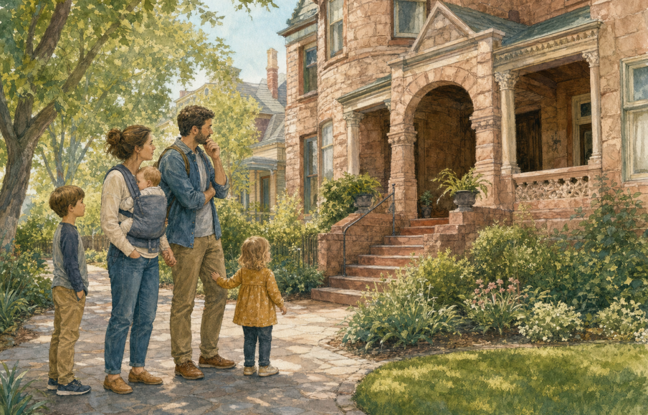 Two caregivers, a baby in a front carrier, a toddler, and an older child pause outside an ornate Victorian house museum.
