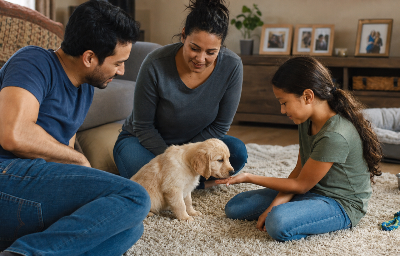 Two parents and their school-age child sit together on a living-room rug as a young puppy approaches the child's open hand.