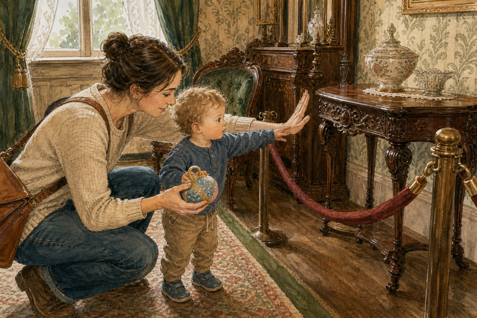 A caregiver redirects a toddler's hand away from antique furniture inside a preserved Victorian room.
