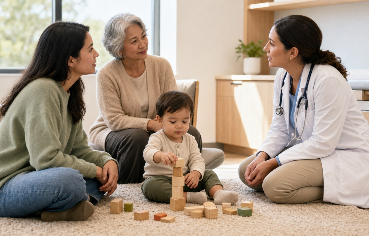 A parent and grandparent speak with a pediatric clinician while a toddler plays with blocks in a clinic room.