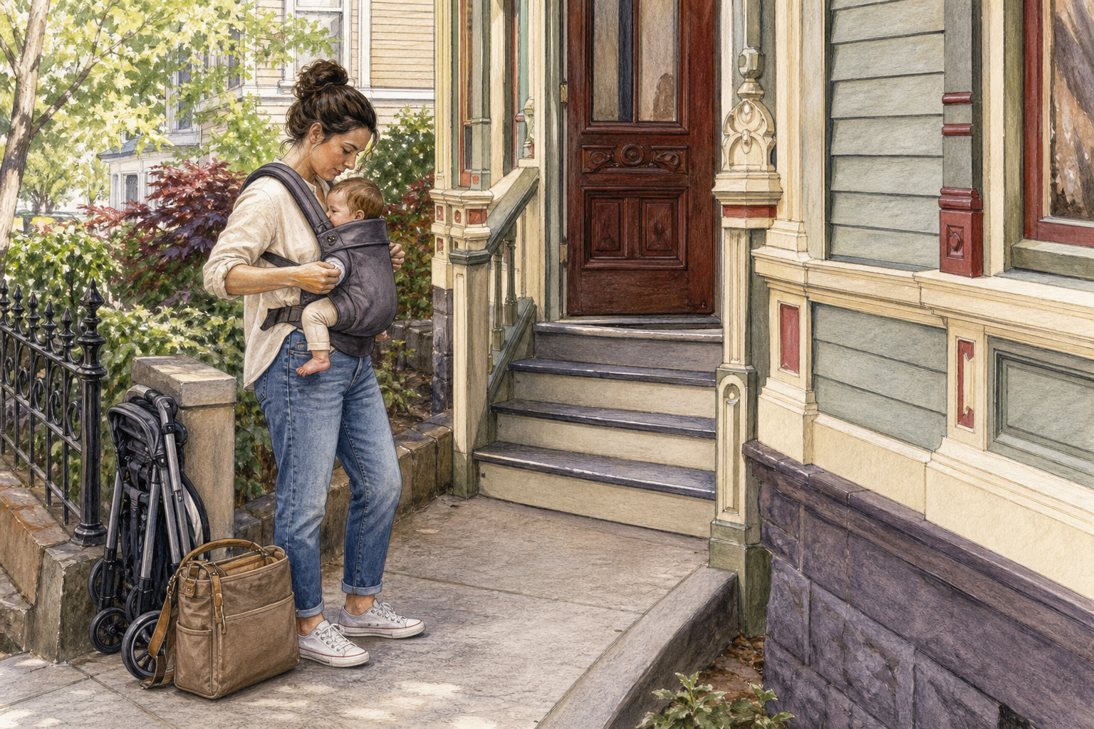 A caregiver adjusts a baby carrier beside a folded stroller near the steps of a historic house.