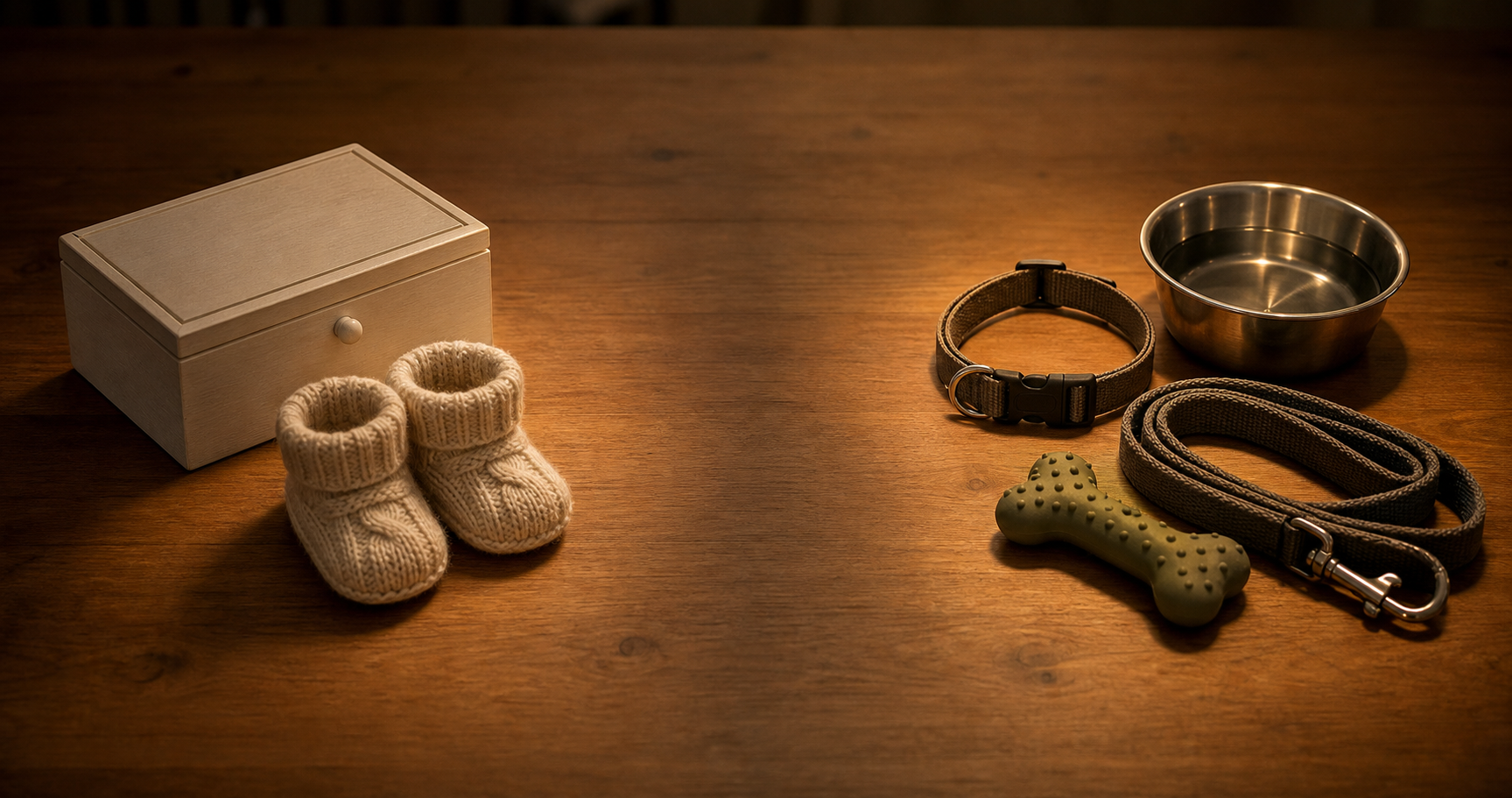 Baby booties and a closed keepsake box sit apart from a puppy collar, leash, chew toy, and water bowl on a wooden table.