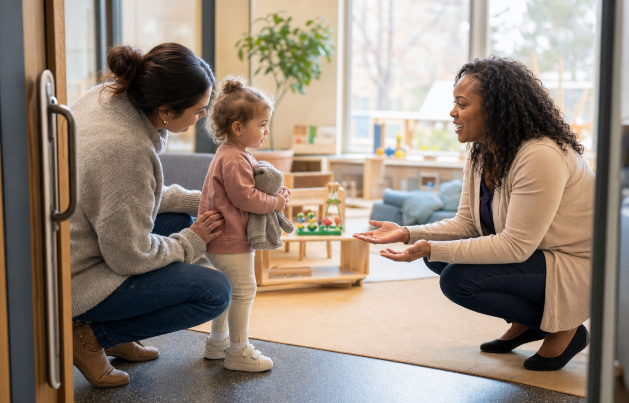 A parent kneels beside a hesitant toddler as an educator welcomes them at the entrance to a childcare classroom.