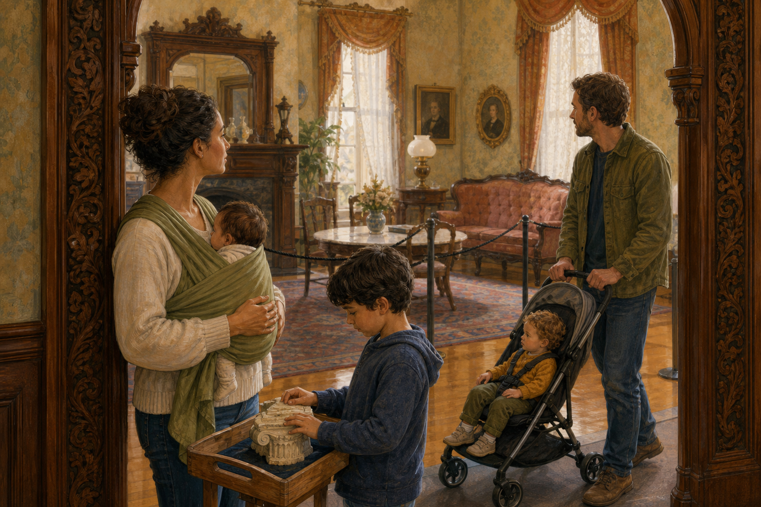 A family with a baby, toddler, and older child explores a restored Victorian parlor while staying behind protective barriers.