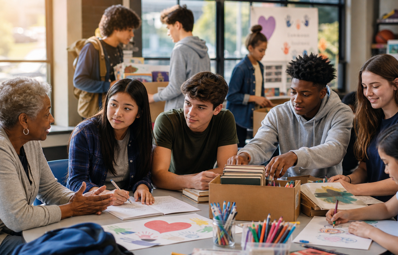 Diverse teens work with an older mentor on books, art, and volunteer supplies after school.