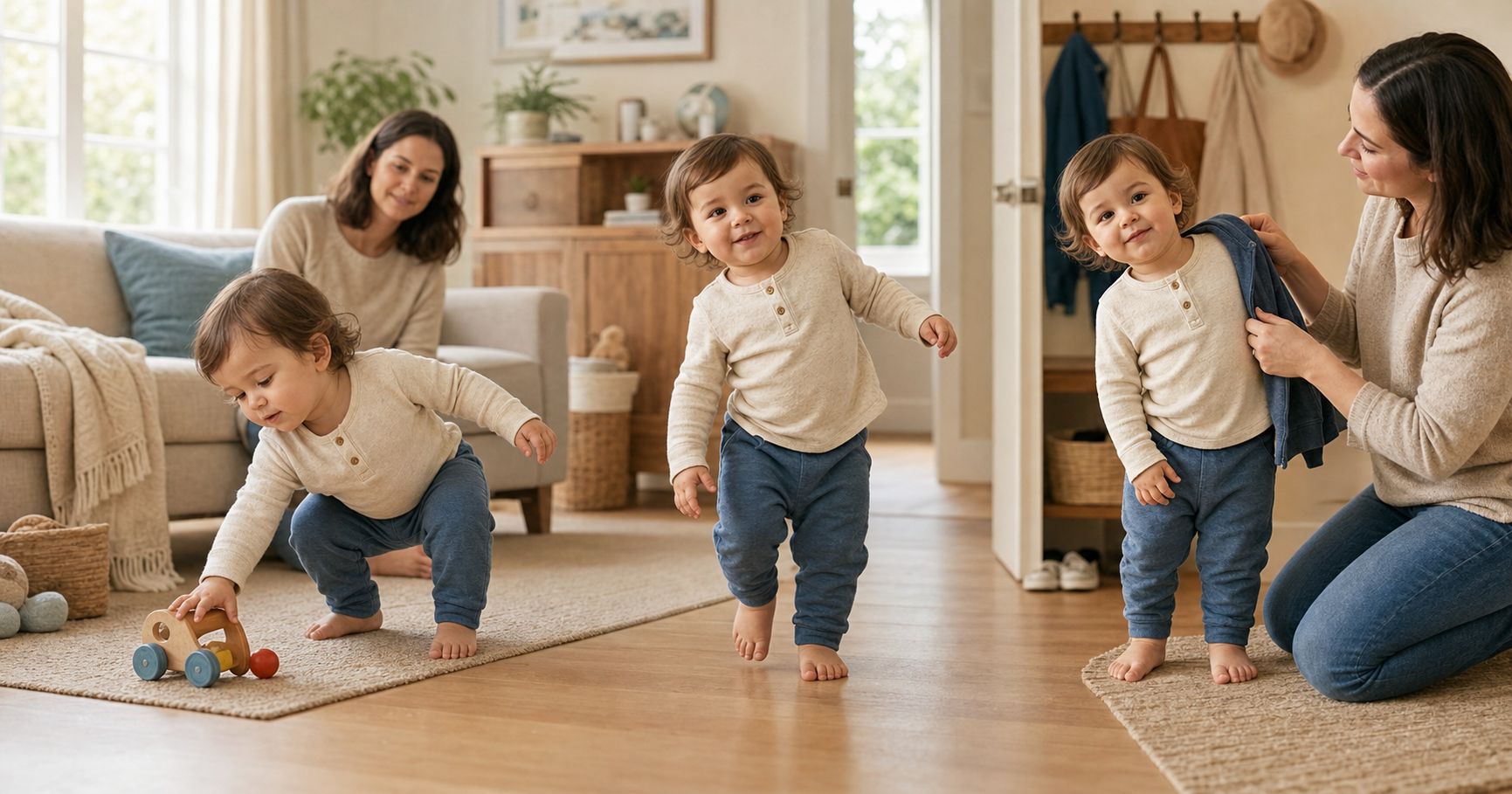 Three candid views show the same toddler reaching, walking, and being dressed while a parent notices a recurring sideways lean.